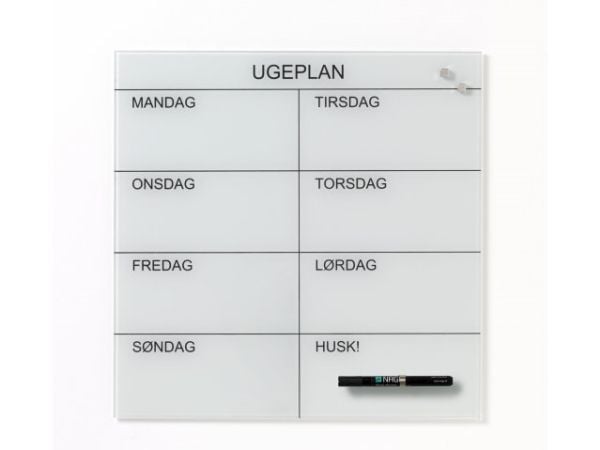 Magnetisk NAGA ugetavle i glas 45x45 cm hvid - dansk tekst