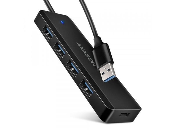 Axagon HUE-C1A 4-porttinen USB-keskitin 5 Gbps Travel, USB-C-virtasyöttö, 19 cm:n Type-A-kaapeli, USB-C-lisävirtalähde