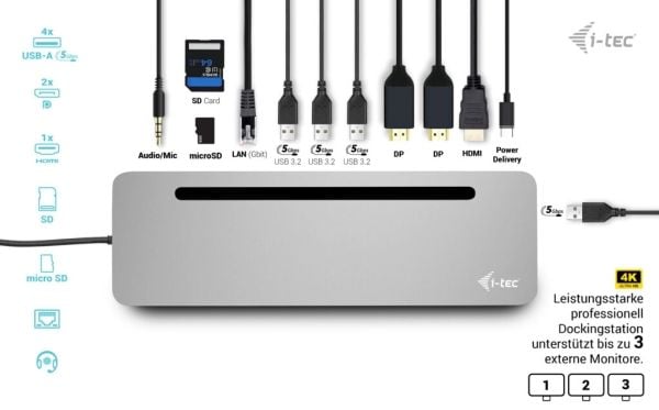 i-Tec 11-in-1 - Dokkingstasjon - for bærbar, bærbar - USB-C / USB4 / Thunderbolt 3 / Thunderbolt 4 - 11-slot - 2 x DP, HDMI - 1GbE - 100 watt
