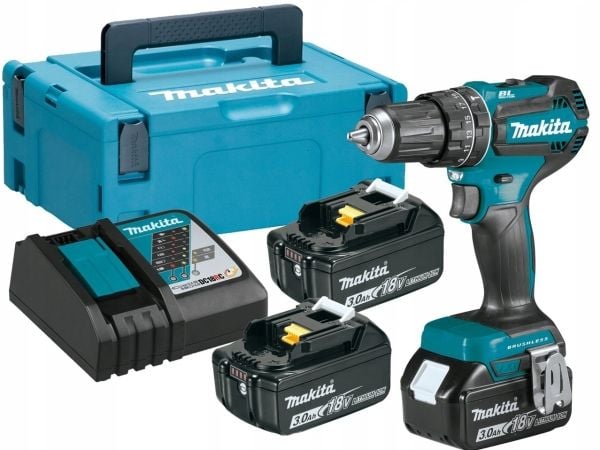 Makita DHP485RF3J - Vasaraporakone - akkuporakone - 2-nopeuksinen - avaimeton poranterä 13 mm - 50 N-m - 3 akkua, mukana laturi - 18 V
