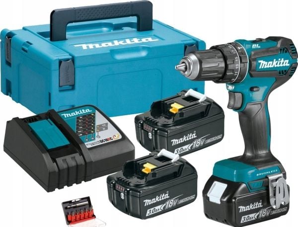 Makita DHP485RF3J - Vasaraporakone - akkuporakone - 2-nopeuksinen - avaimeton poranterä 13 mm - 50 N-m - 3 akkua, mukana laturi - 18 V
