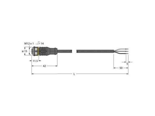 TURCK kabel med hane M12, 3-stifts rakt, 5 m RKC4T-5/TXL 6625501