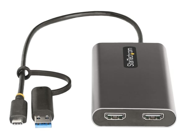 Startech USB-C to Dual-HDMI Adapter, USB-C or A to 2x HDMI, 4K 60Hz, 100W PD Pass-Through, 1ft (30cm) Built-in Cable, External Video Graphics Adapt...
