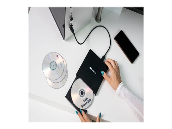 Verbatim Slimline CD/DVD, Musta, Vaaka, Kannettava tietokone, DVD-RW, USB 2.0, CD, CD-R, CD-RW, DVD, DVD+R, DVD+R DL, DVD+RW, DVD-R, DVD-R DL, DVD-...