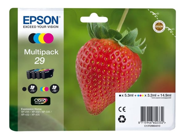 Epson Strawberry 29 CMYK, Perusvärintuotto, Musta, Syaani, Magenta, Keltainen, 1 kpl, Monipakkaus