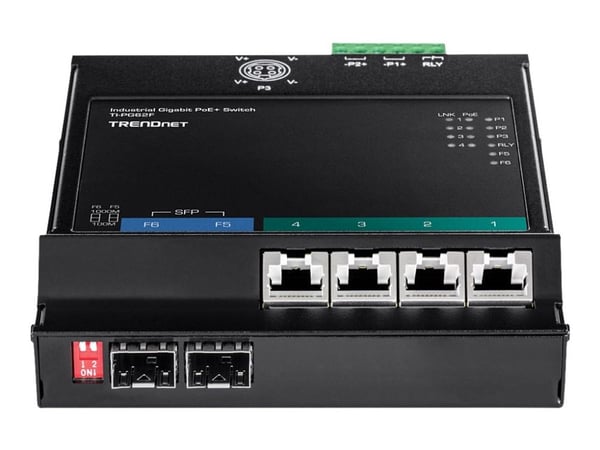 TRENDnet TI-PG62F - Switch - ikke-styrt - 4 x 10/100/1000 (PoE+) + 2 x Gigabit SFP - DIN-skinnemonterbar, veggmonterbar - PoE+ (120 W) - TAA-samsvar