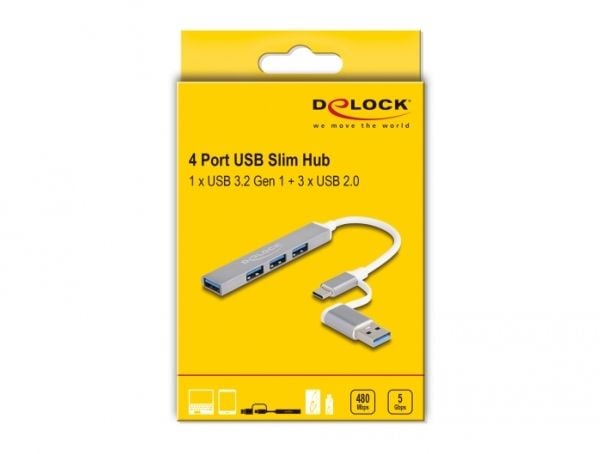 Delock - Hub - 3 x USB 2.0 + 1 x USB 3.2 Gen 1 - stasjonær