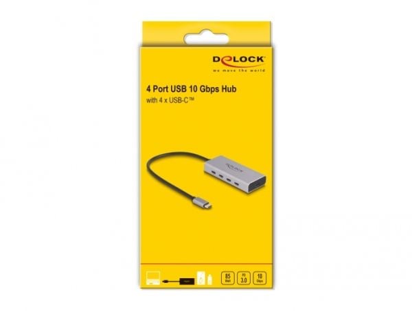 Delock - Hub - 10 Gbps, PD 85W, med 30 cm tilkoblingskabel - 5 x USB-C - stasjonær