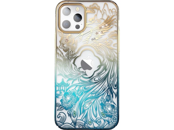 Luksus iPhone 14-deksel med Kingxbar Phoenix-krystaller - gull og blått