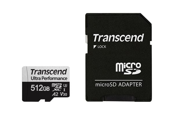 Transcend USD340S - Flashminnekort (microSDXC til SD-adapter inkludert) - 512 GB - A2 / Video Class V30 / UHS-I U3 / Class10 - microSDXC UHS-I