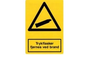 Klistermærke - Trykflasker fjernes ved brand. Lille skilt 105 x 148 mm