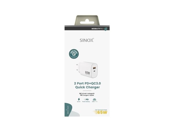 Sinox PRO 230V USB-A+USB-C PD-laturi 65W. Valkoinen