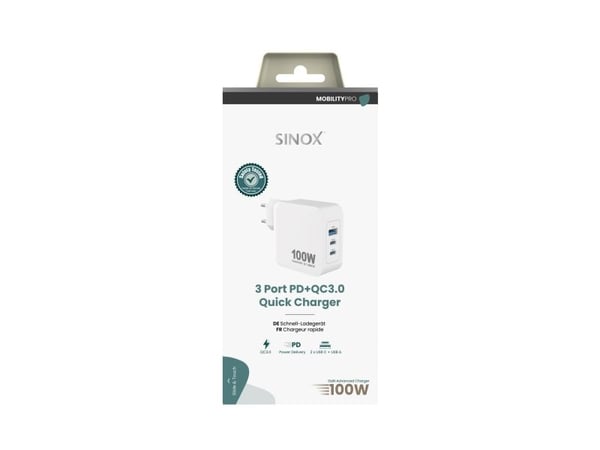 Sinox PRO 230V 2xUSB-C 1xUSB-A PD-laturi 100W. Valkoinen