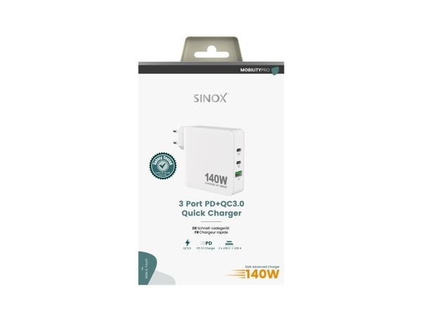 Sinox PRO 230V 2xUSB-C 1xUSB-A laturi 140W. Valkoinen