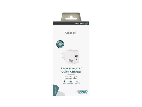 Sinox PRO 230V USB-A+USB-C PD-laturi 33W. Valkoinen