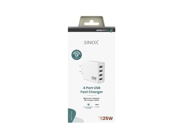 Sinox PRO 230V 4xUSB-A laturi 25W. Valkoinen