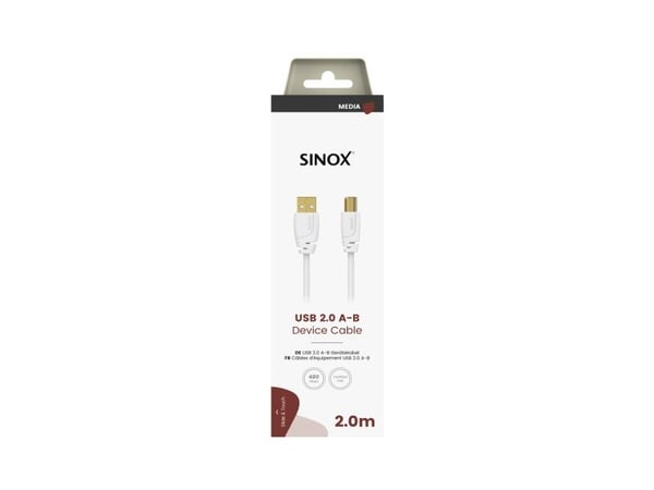 Sinox SOC04102, 2 m, USB A, USB B, USB 2.0, 0,48 Gbit/sek, hvit