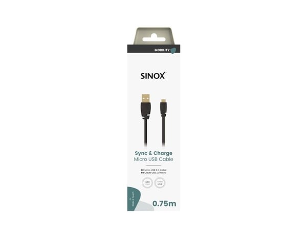 Sinox Micro-USB-kaapeli. 0,75 m. Lajittelu, 0,75 m, Micro-USB B, USB A, USB 2.0, 0,48 Gbit/s, Lajittelu