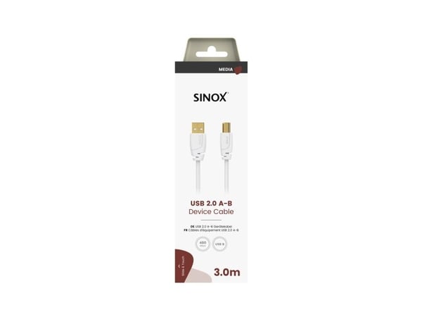 Sinox USB 2.0-skriverkabel. 3 m, Hvit, 3 m, USB A, USB B, USB 2.0, 0,48 Gbit/sek, Hvit