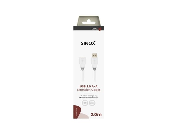 Sinox USB 2.0 -jatkojohto. 2m. Valkoinen