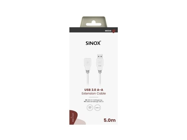 Sinox USB 2.0 -jatkojohto. 5m. Valkoinen