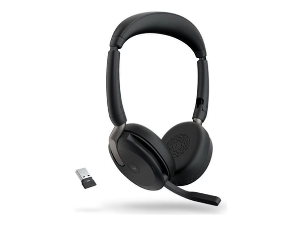 Jabra Evolve2 65 Flex MS Stereo - Hodesett - on-ear - Bluetooth - trådløs - aktiv støydemping - USB-A - svart - med trådløs ladepute - Certified fo...