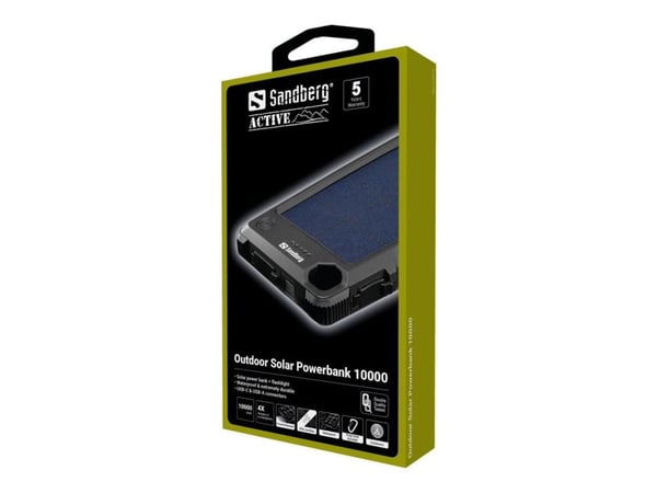 Sandberg Outdoor Solar Powerbank 10000 - Solenergibank - 10000 mAh - 37 Wh - 3 A (USB, USB-C) - på kabel: Micro-USB, USB-C
