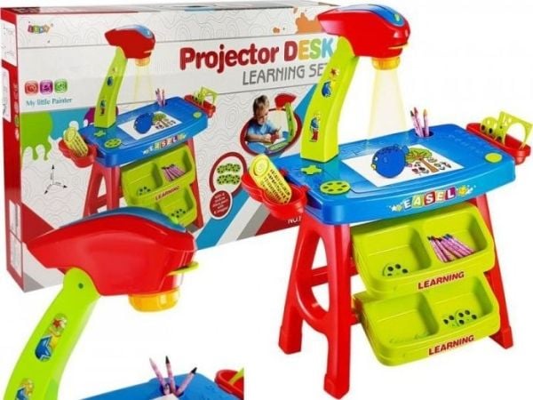 Lean Sport skrivebord med projektor pedagogisk 36 bilder kritt sjablonger blå/rød