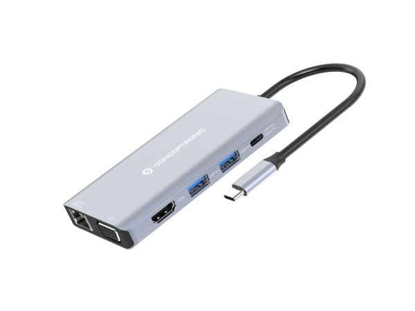 Conceptronic DONN20G, Kabel, USB 3.2 Gen 1 (3.1 Gen 1) Type-C, 100 W, 3,5 mm, 10,100,1000 Mbit/s, Grå