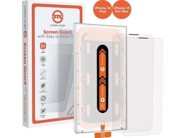 MOBILE ORIGIN beskyttelsesglass med applikator til iPhone 14 Plus / 13 Pro Max, 2 stk