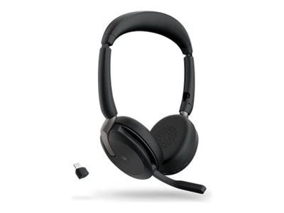 Jabra Evolve2 65 Flex MS Stereo - Hodesett - on-ear - Bluetooth - trådløs - aktiv støydemping - USB-A - svart - med trådløs ladepute - Certified fo...