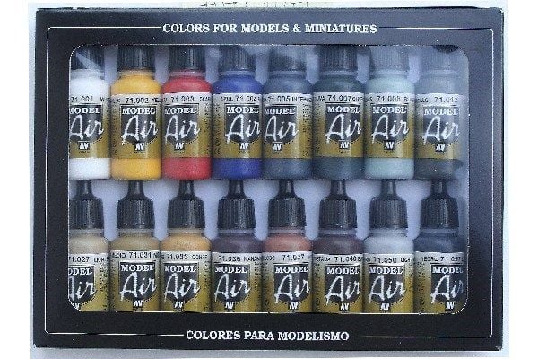 Vallejo 71.178, Musta, Sininen, Ruskea, Vihreä, Okra, Oliivi, Punainen, Valkoinen, Keltainen, Akryylimaali, Nestemäinen, 17 ml, 16 kappaletta