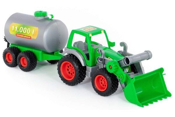 Traktor med frontskuffe & tankvogn 14,5x17x57 cm
