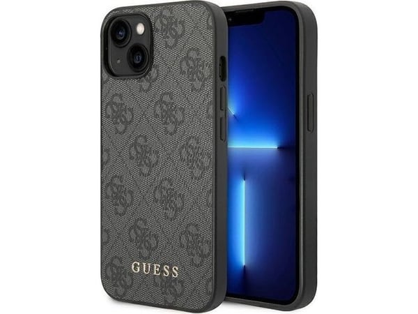 Originalt frontpaneldeksel GUESS GUHCP14SG4GFGR for iPhone 14 (4G gulllogo / grå)