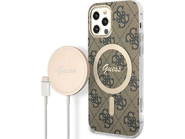 Guess Bundle Pack MagSafe 4G - kotelo + laturi MagSafe iPhone 12 / iPhone 12 Pro (ruskea / kultainen)
