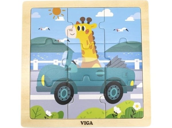 Viga Toys trägolv-/pussel giraff i bil 9 delar