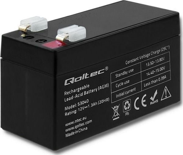 Qoltec 53040, akkuparisto (VRLA), 12 V, Sort, 1,3 At, 10 År, 19,5 A