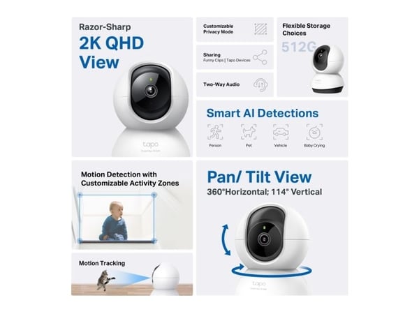 TP-Link Tapo C220, IP-sikkerhetskamera, Innendørs, Trådløs, Bord, Hvit, Svart, Sfærisk