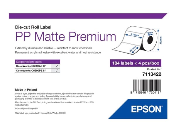 Epson Premium - Polypropylen (PP) - matt - permanent akrylhäftning - A4 (210 x 297 mm) 736 etikett (er) (4 rulle/rullar x 184) box - matrisskurna e...