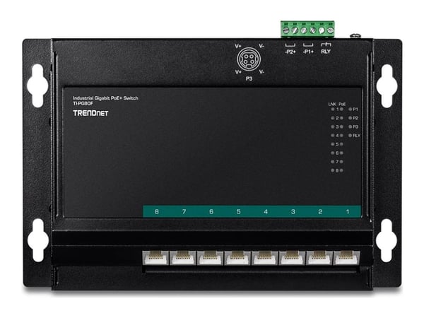TRENDnet TI-PG80F - Industrial - switch - ikke-styrt - 8 x 10/100/1000 (PoE+) - DIN-skinnemonterbar, veggmonterbar - PoE+ (200 W) - TAA-samsvar