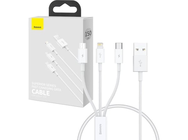 USB-kabel Baseus USB-A till USB-C + microUSB + Lightning 0,5 m vit (P10320105221-01)