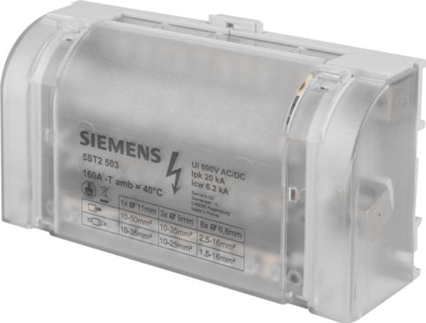Siemensin jakelulohko 160A 4P 500V 1x10-35mm2 3x6-25mm 8x2,5-16mm2 5ST2503