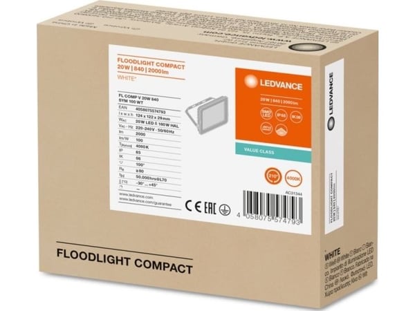 Ledvance flomlys LED-projektor FLOOD COMPACT V 20W 840 SYM 100 WT 4058075574793