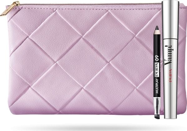 Pupa-sett: Multiplay, Double-Ended øyenskygge & kajal eyeliner 2-i-1, 09 Deep Black (1,2 g) + Vamp! mascara (9 ml) + sminkepung, rosa