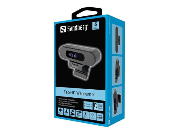 Sandberg Face Scan Webcam, 2 MP, 1920 x 1080 pikseliä, Full HD, 30 fps, 640x480@30fps, 1280x720@30fps, 1920x1080@30fps, 80°