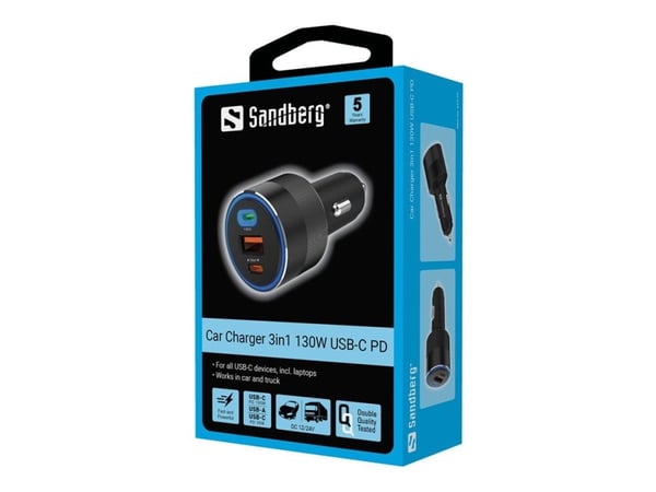 Sandberg Active - Bilstrømadapter - 130 watt - 3 utgangskontakter (USB-C, USB)