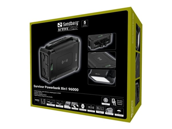 Sandberg Active Survivor 8in1 - Strømbank + AC-strømadapter + bilstrømadapter 32700 - 96000 mAh - 307.2 Wh - 180 watt - 5 A - PD, QC - 4 utgangskon...