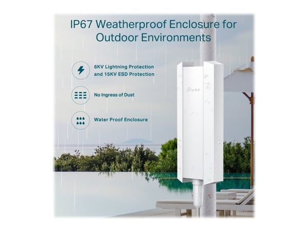 TP-Link EAP610-OUTDOOR, 1201 Mbit/s, 10,100,1000 Mbit/s, IEEE 802.11a, IEEE 802.11ac, IEEE 802.11ax, IEEE 802.11b, IEEE 802.11g, IEEE 802.11n, WEP,...