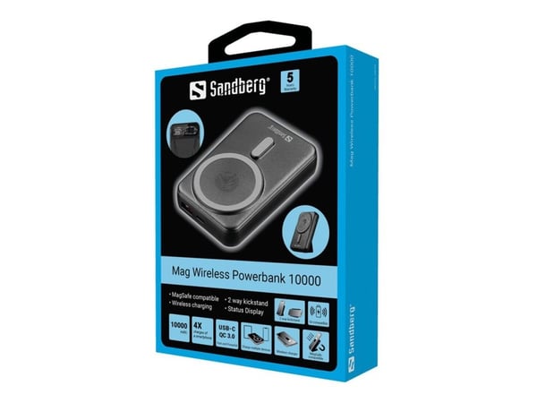 Sandberg Mag Wireless Powerbank 10000, 10000 mAh, Langaton lataaminen, Musta