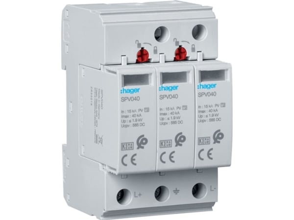 Hager overspenningsavleder type C 2 PV 3P In 15kA Imax 40kA 3,7kV 1000V DC SPV340